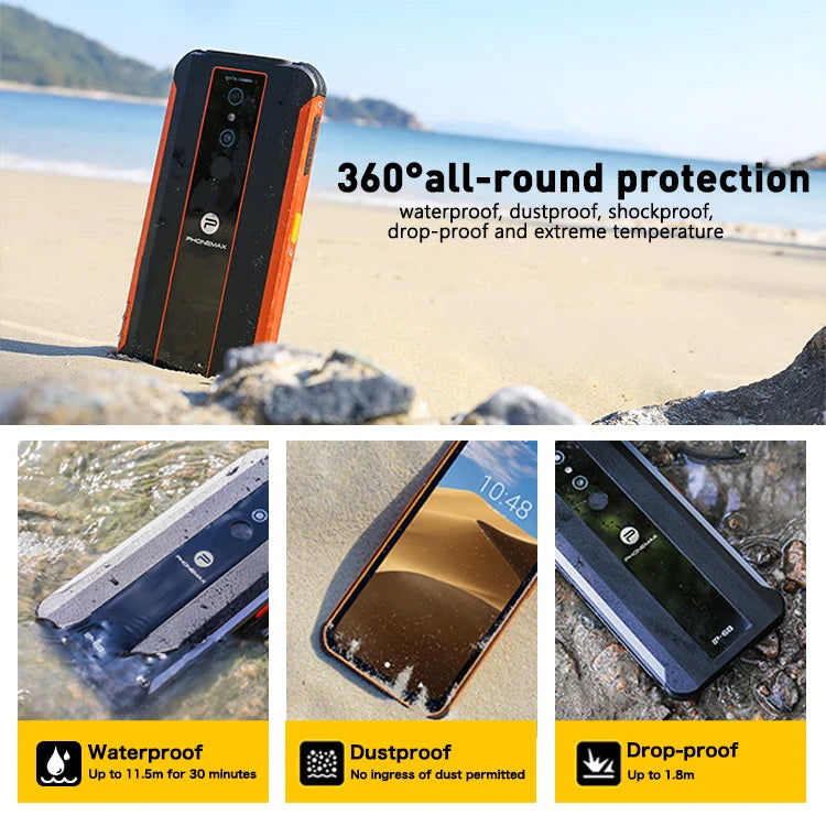 Phonemax GPS NFC Unlocked Android 10 Industrial Rugged Phone 4G LTE Cellular Waterproof IP68 ATEX With Big Battery Outdoor Use