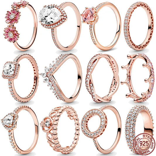 Classic 925 Sterling Silver New Exquisite Gold Color Series Shiny Crown Square Ring Light Luxury Charm Jewelry Party Gifts