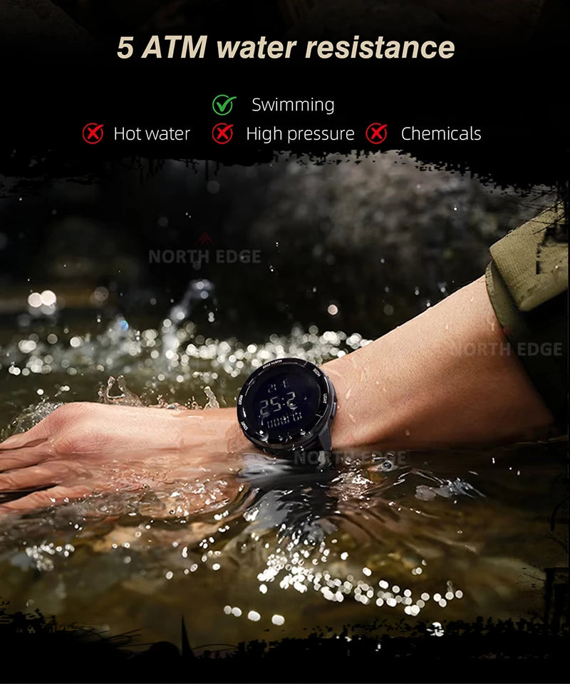 NORTH EDGE 2025 TERRAX Men's Sports Digital Military Watches Outdoor Fun Swimming Waterproof 50m Stopwatch Countdown Light Watch