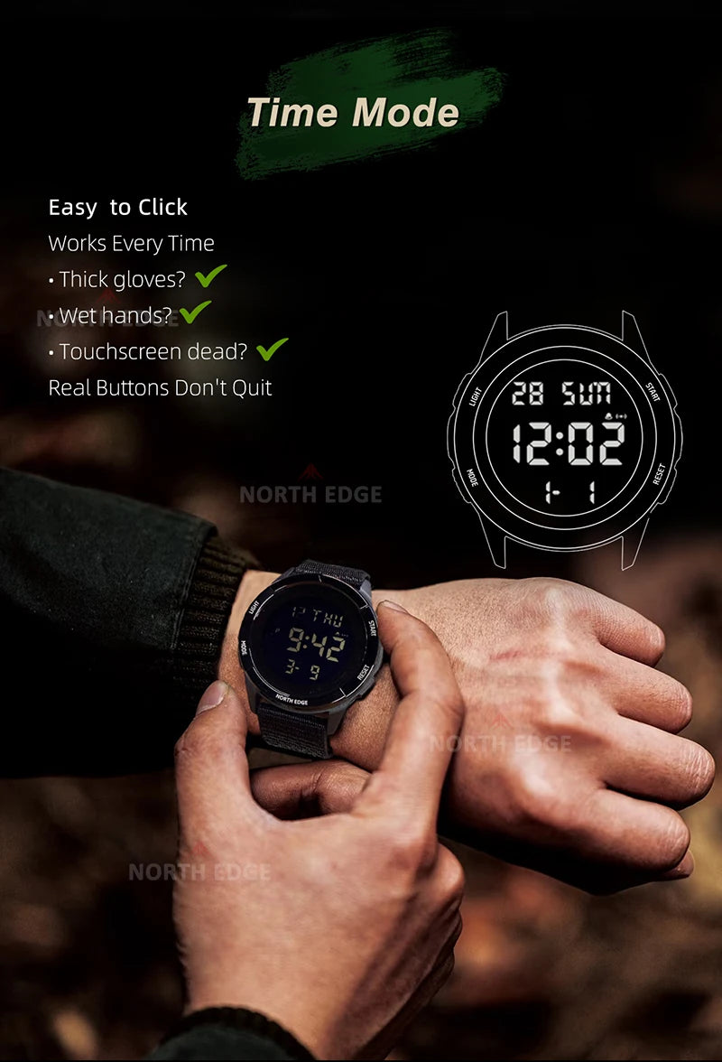 NORTH EDGE 2025 TERRAX Men's Sports Digital Military Watches Outdoor Fun Swimming Waterproof 50m Stopwatch Countdown Light Watch