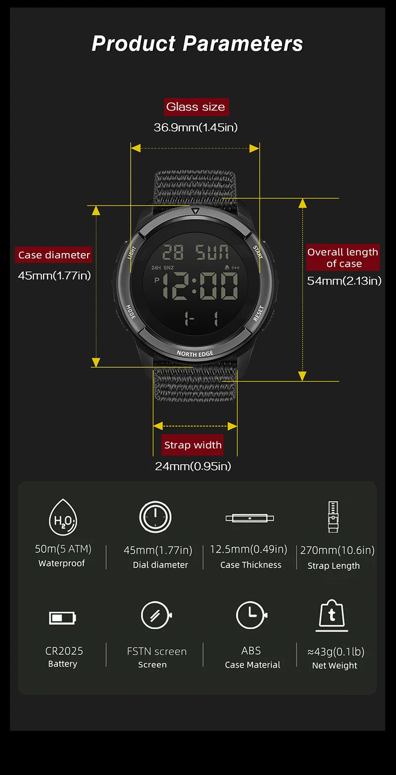 NORTH EDGE TERRAX Men's Digital Watch Sports Super Light Outdoor Watches Stopwatch Countdown Light Watch Men Waterproof 50M