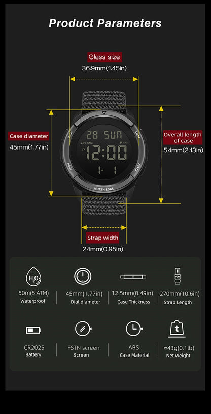 NORTH EDGE TERRAX Men's Digital Watch Sports Super Light Outdoor Watches Stopwatch Countdown Light Watch Men Waterproof 50M