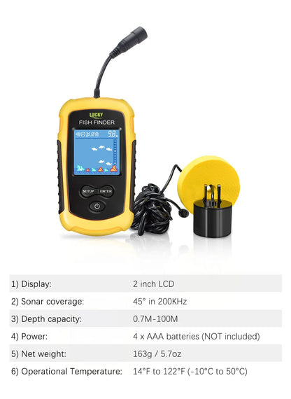 FFC1108-1 Alarm 100M Portable Sonar Fish Finders 45 degrees Sonar Coverage Echo Sounder Alarm Transducer Lake Sea Fishing