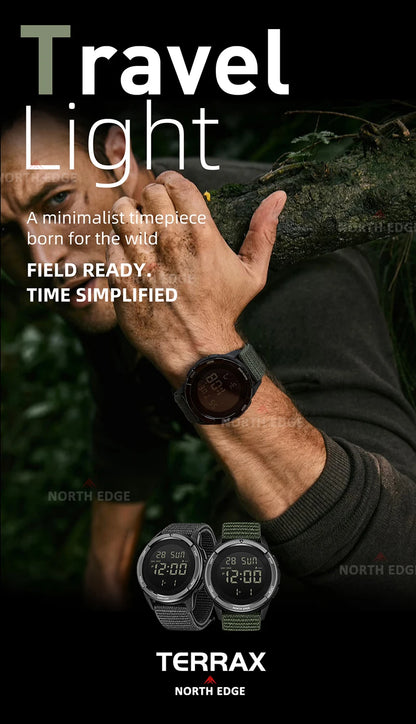 NORTH EDGE 2025 TERRAX Men's Sports Digital Military Watches Outdoor Fun Swimming Waterproof 50m Stopwatch Countdown Light Watch