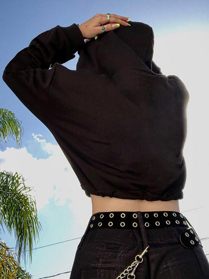 Women's Gothic Skull Print Casual Drawstring Short Hoodie Long Sleeve Top